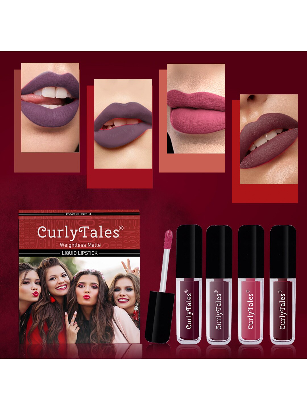 

CurlyTales Set of 4 Weightless Matte Liquid Lipsticks 3ml Each - Shade 15 + 01 + 02 + 13, Purple