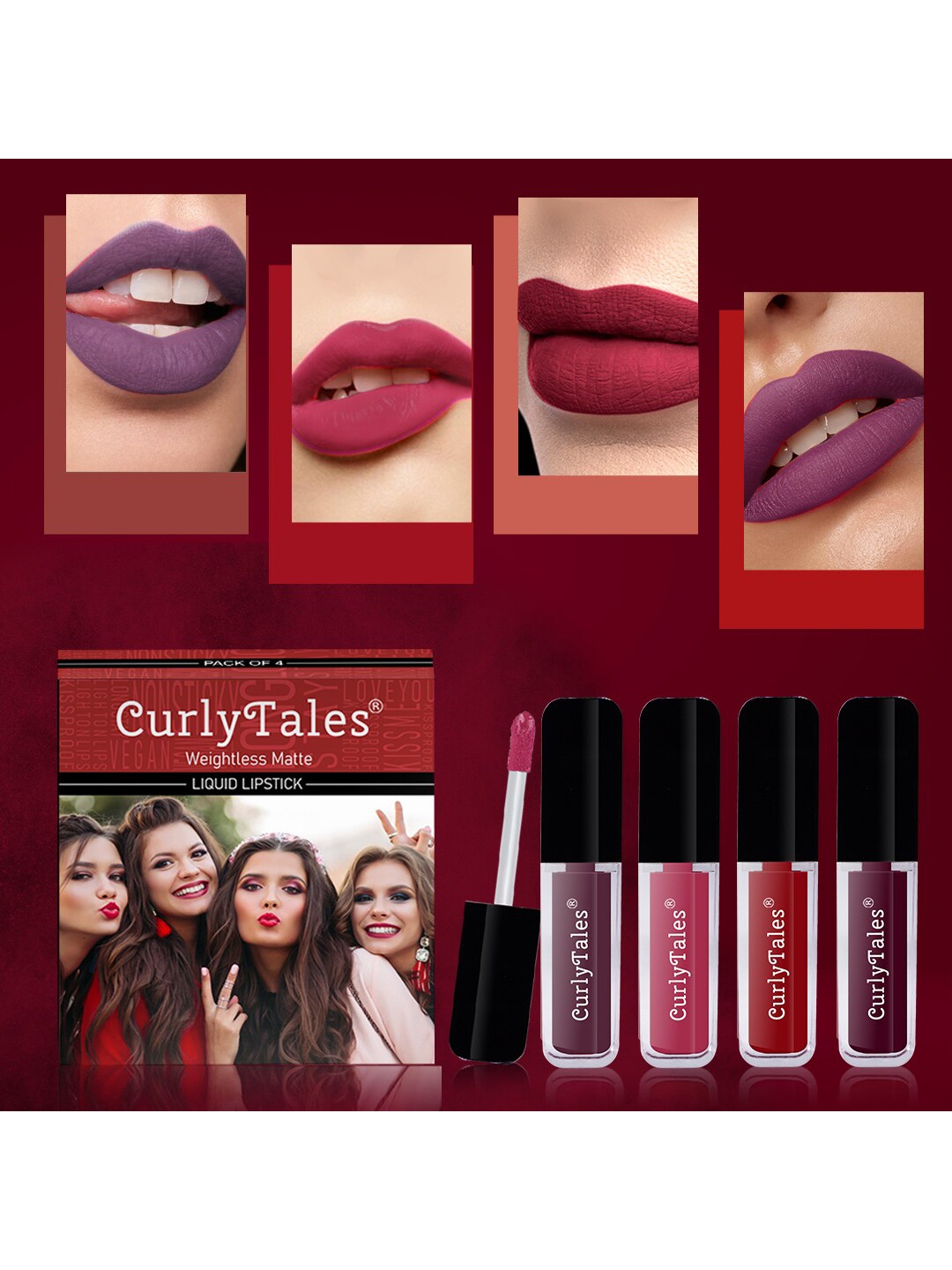 

CurlyTales Set of 4 Weightless Matte Liquid Lipsticks - 4 ml each, Purple