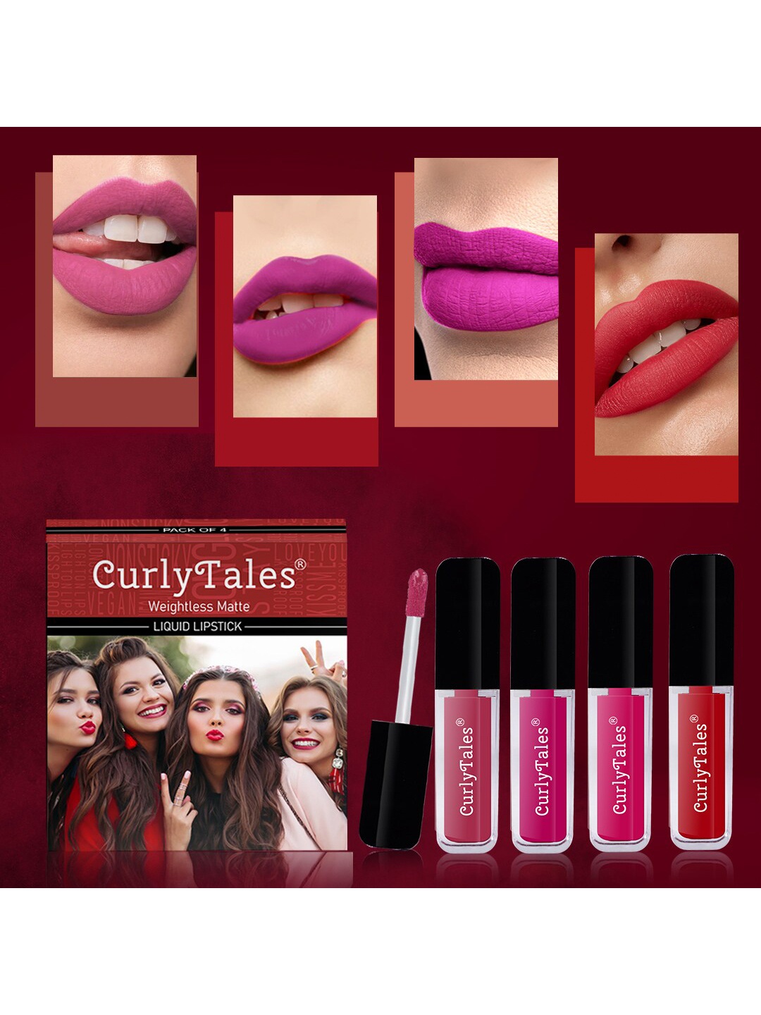 

CurlyTales Set of 4 Weightless Matte Liquid Lipsticks - 4 ml each, Pink