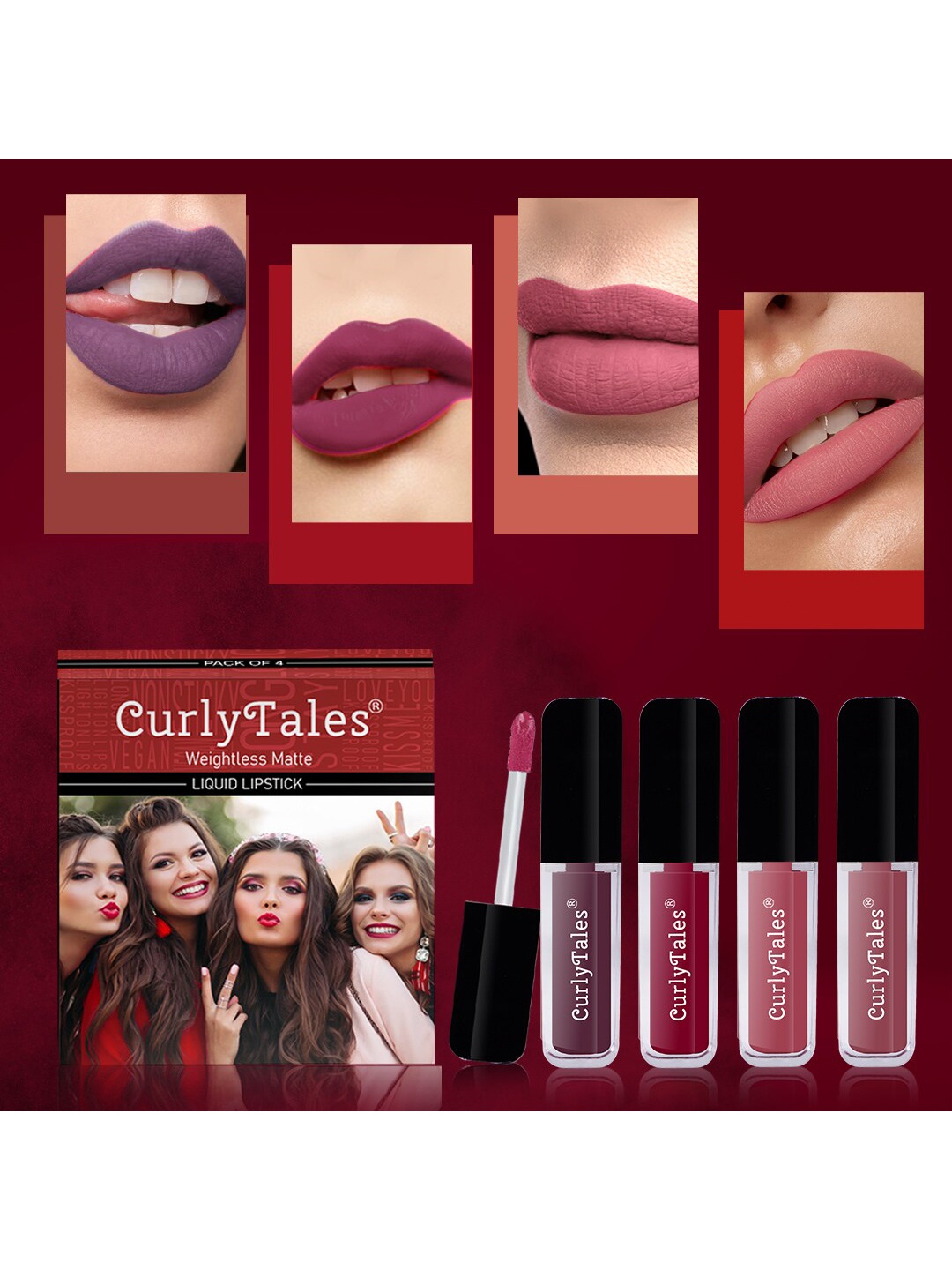 

CurlyTales Set of 4 Weightless Matte Liquid Lipsticks 3ml Each - Shade 01 + 07 + 08 + 09, Purple