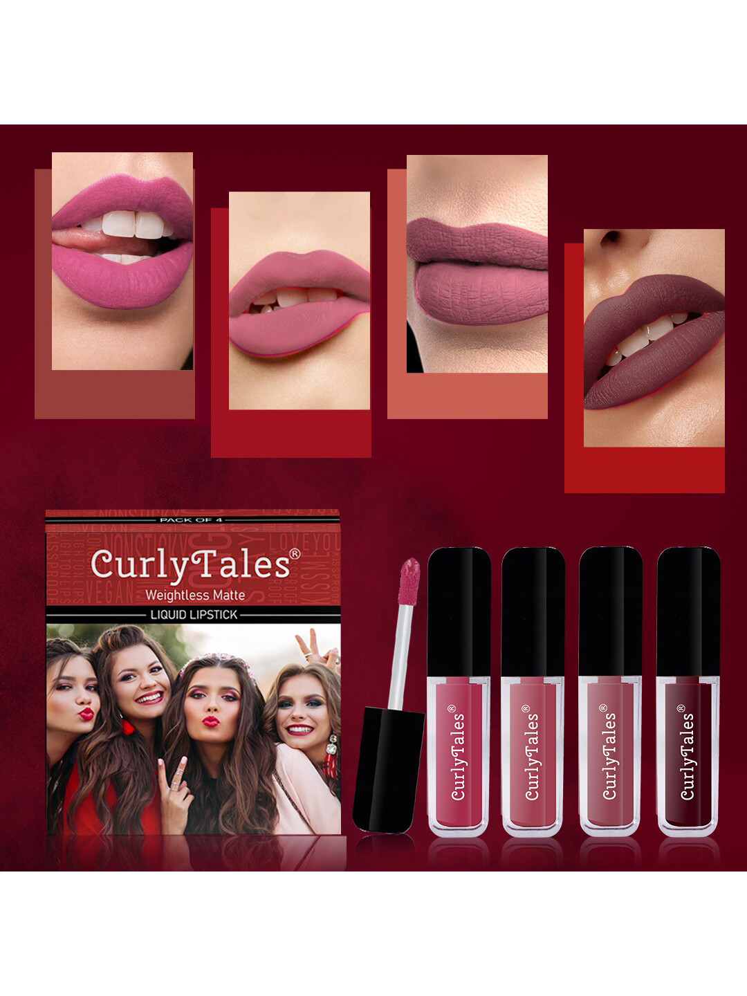 

CurlyTales Set of 4 Weightless Matte Liquid Lipsticks 3ml Each - Shade 02 + 08 + 09 + 13, Nude