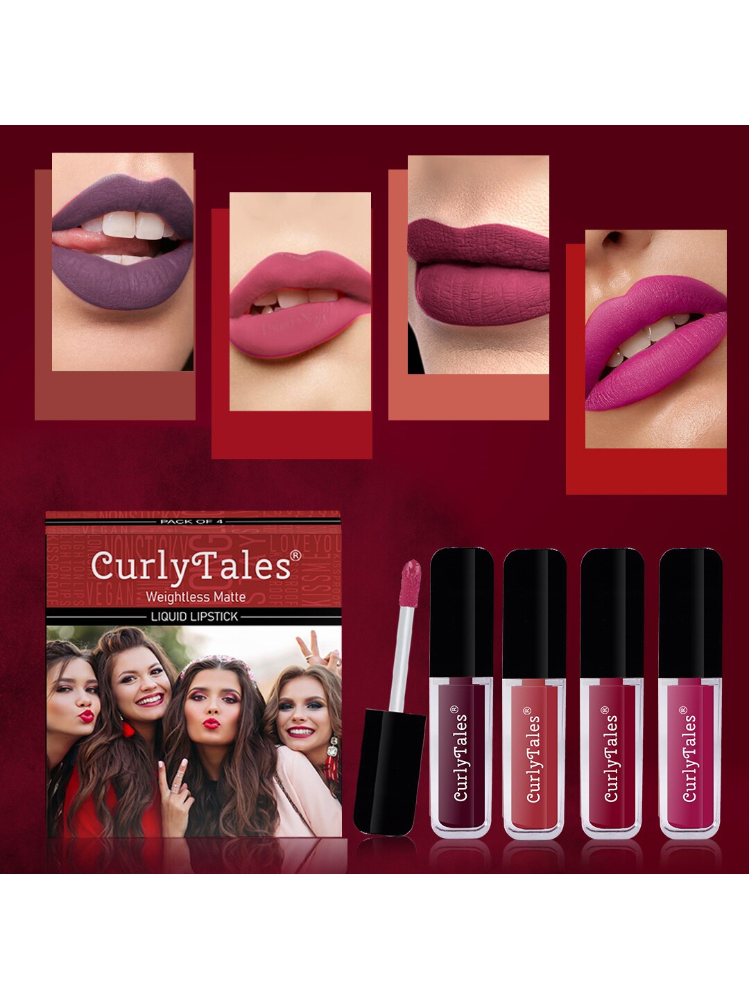 

CurlyTales Set of 4 Weightless Matte Liquid Lipsticks - 4 ml each, Purple