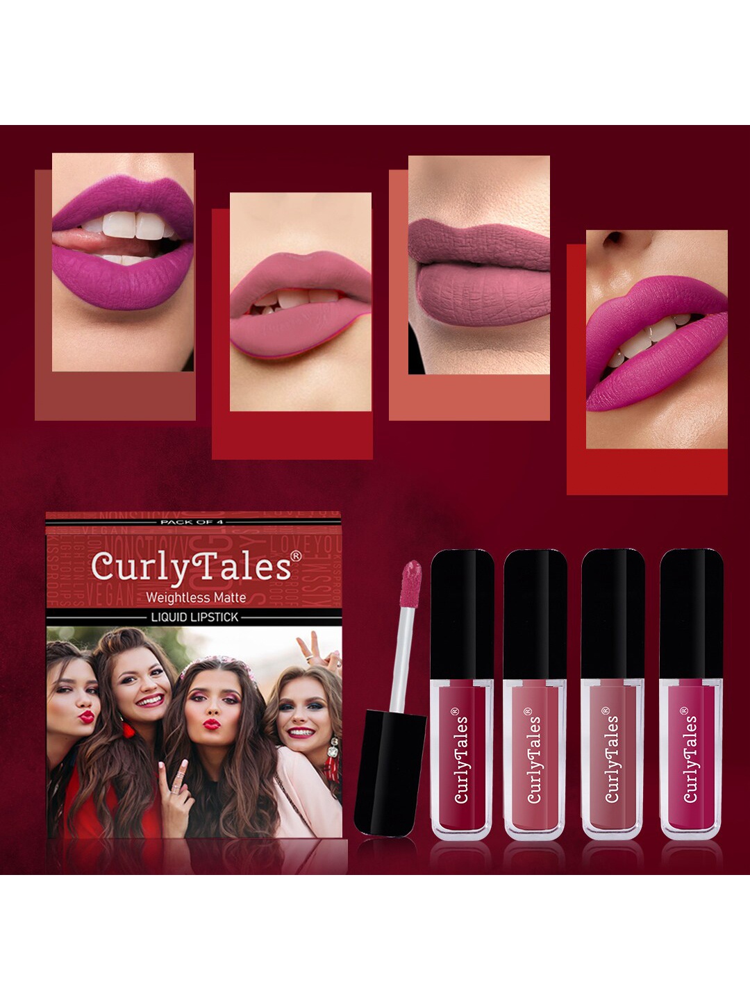 

CurlyTales Set of 4 Weightless Matte Long Lasting Liquid Lipsticks - 3 ml each, Multi