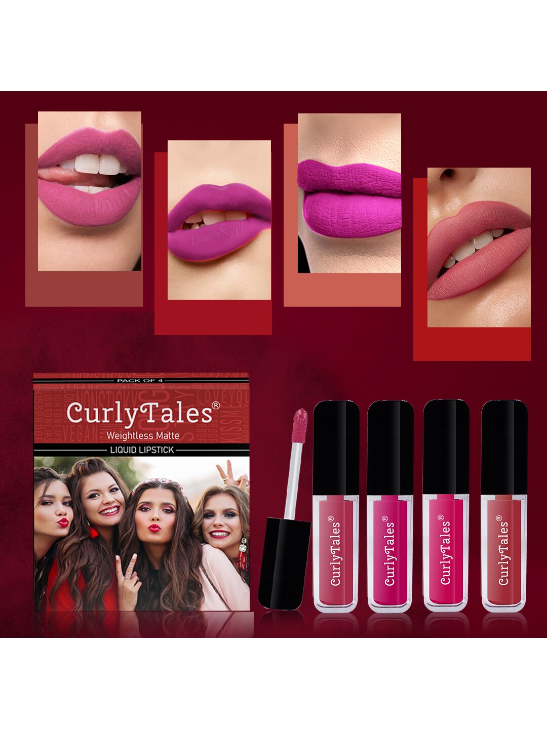 

CurlyTales Set of 4 Weightless Matte Long Lasting Liquid Lipsticks - 4 ml each, Multi