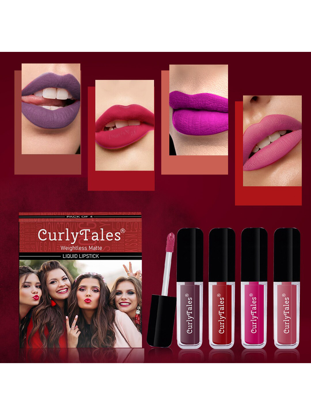 

CurlyTales Set of 4 Weightless Matte Liquid Lipsticks - 4 ml each, Purple