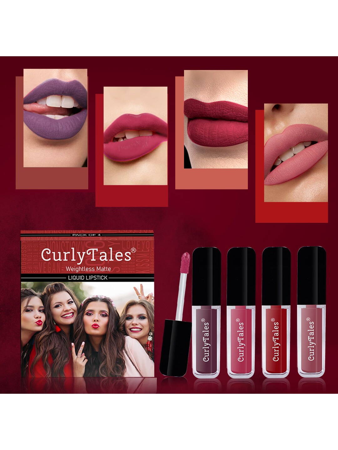 

CurlyTales Set of 4 Weightless Matte Long Lasting Liquid Lipsticks - 3 ml each, Multi