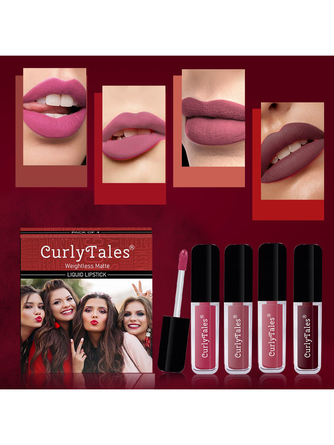 

CurlyTales Set of 4 Weightless Matte Liquid Lipsticks - 4 ml each, Pink