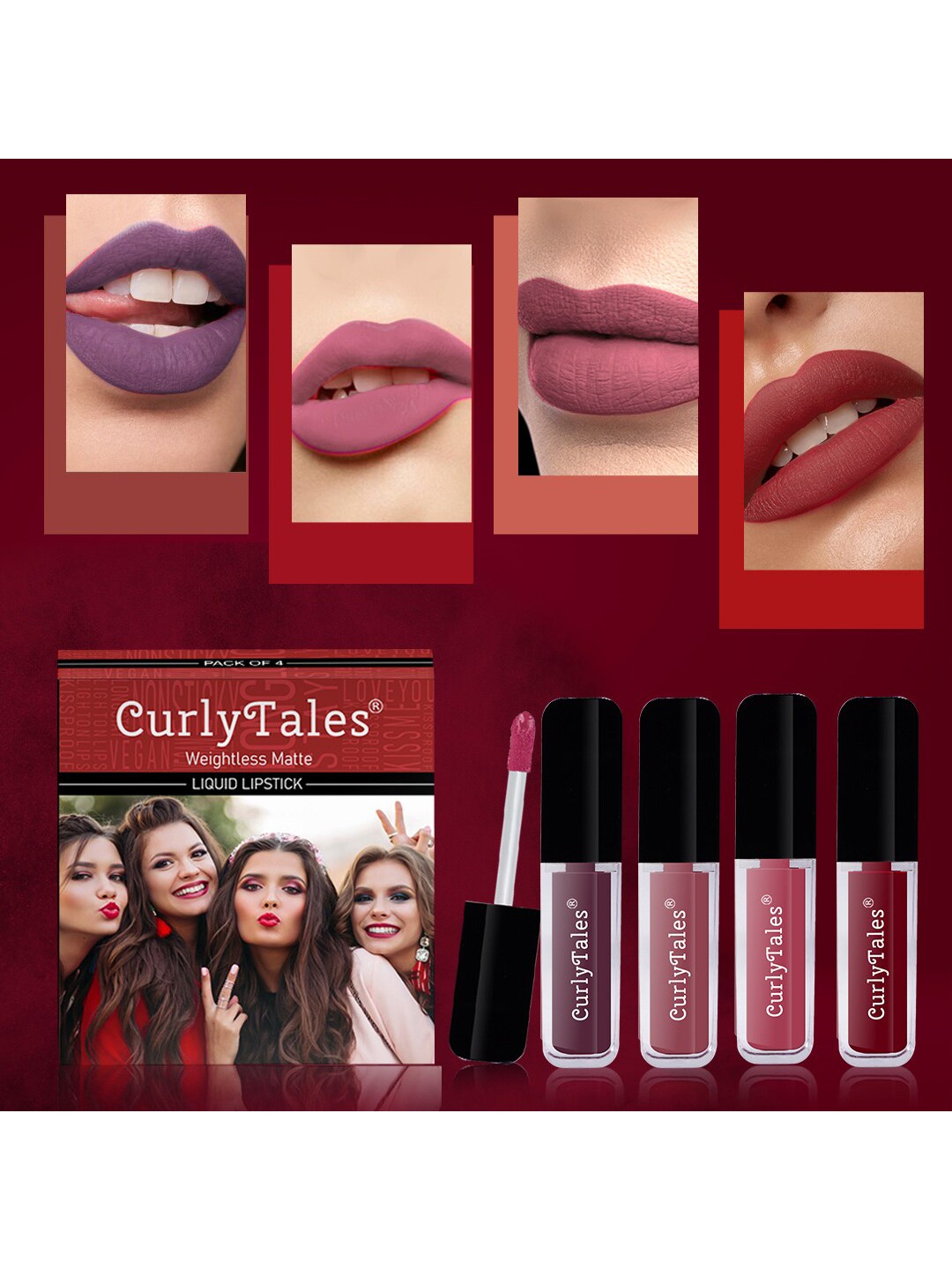 

CurlyTales Set of 4 Weightless Matte Liquid Lipsticks 3 ml Each - Shade 01, 09, 10, 14, Purple