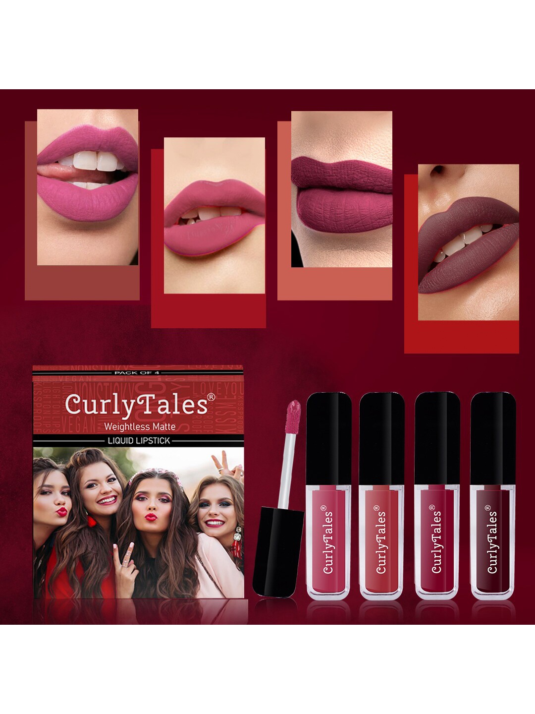 

CurlyTales Set of 4 Weightless Matte Liquid Lipsticks - 4 ml each, Red