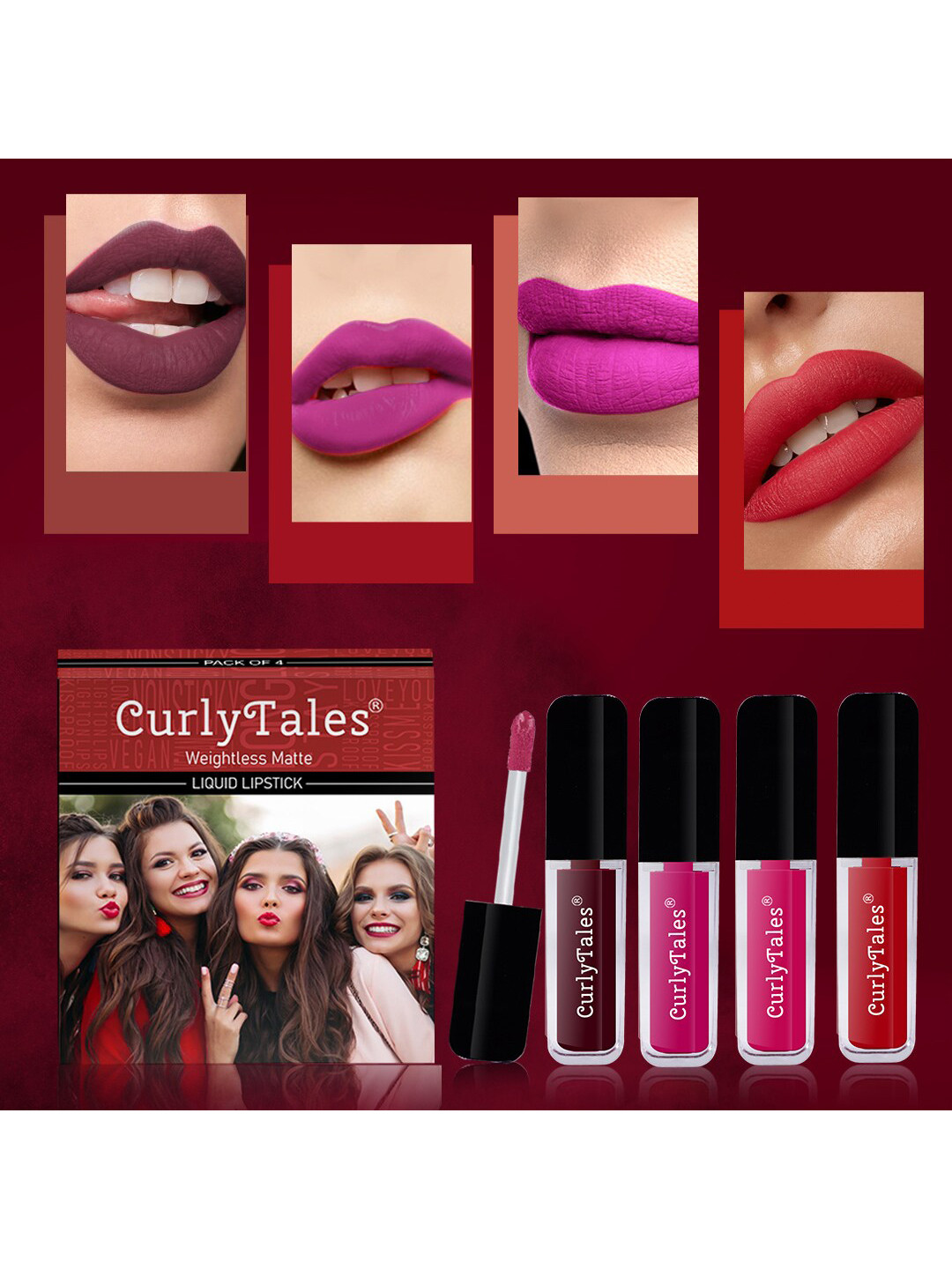 

CurlyTales Set of 4 Weightless Matte Liquid Lipsticks 3 ml Each - Shade 13, 04, 05, 11, Red
