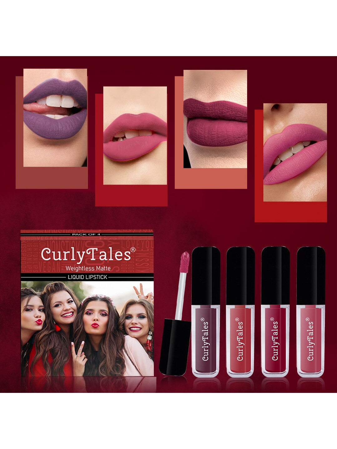 

CurlyTales Set of 4 Weightless Matte Liquid Lipsticks 4 ml Each - Shade 01, 06, 07, 10, Purple