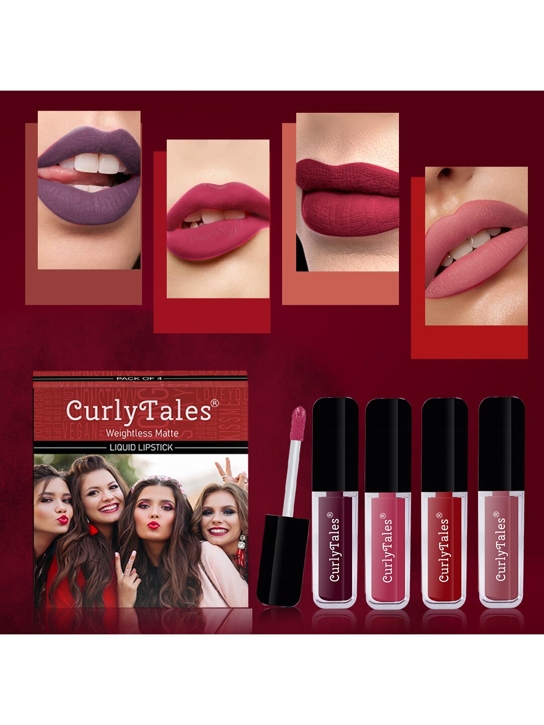 

CurlyTales Set of 4 Weightless Matte Liquid Lipsticks 3 ml Each - Shade 15, 02, 03, 09, Purple