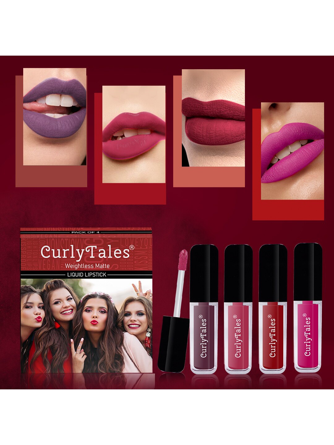 

CurlyTales Set of 4 Weightless Matte Liquid Lipsticks 3 ml Each - Shade 01, 02, 03, 04, Purple