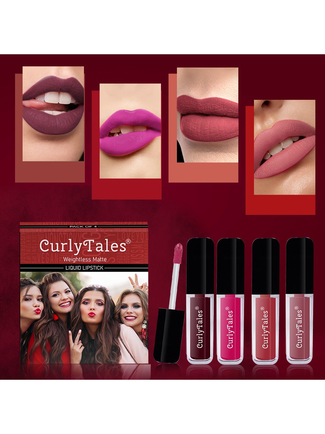 

CurlyTales Set of 4 Weightless Matte Liquid Lipsticks 3 ml Each - Shade 13, 05, 06, 09, Pink