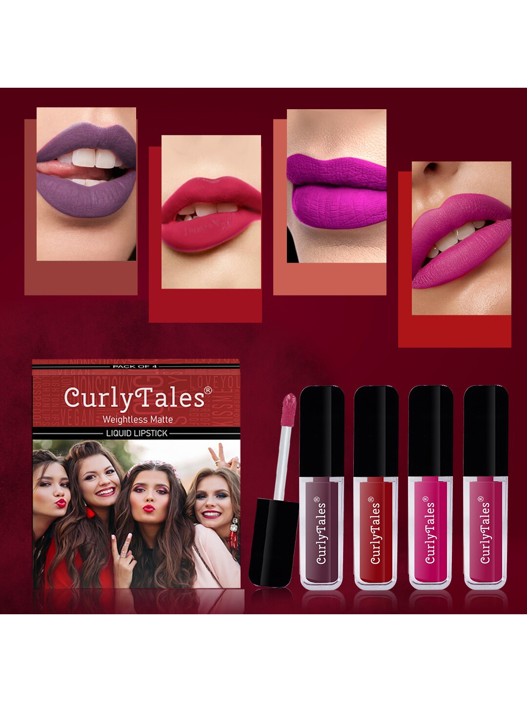 

CurlyTales Set of 4 Weightless Matte Liquid Lipsticks 3 ml Each - Shade 01, 03, 04, 12, Purple