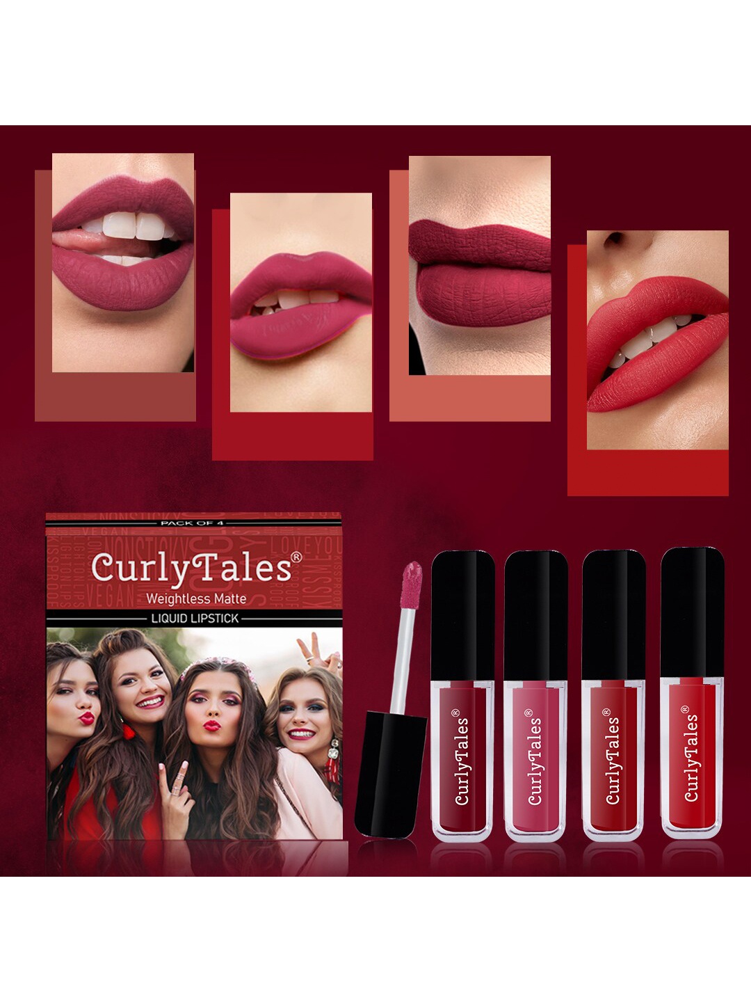 

CurlyTales Set of 4 Weightless Matte Liquid Lipsticks 3 ml Each - Shade 14, 02, 03, 11, Red