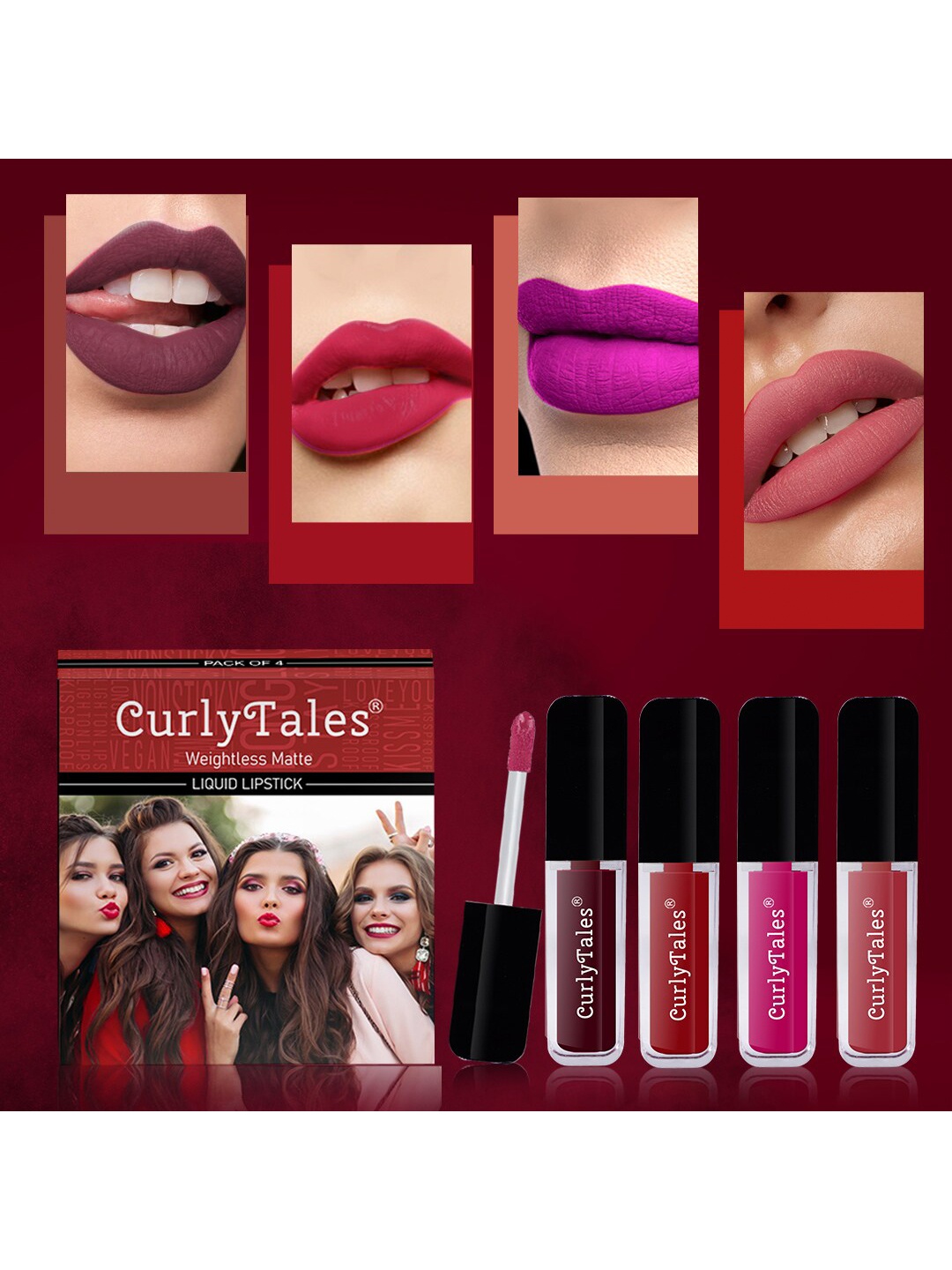 

CurlyTales Set of 4 Weightless Matte Liquid Lipsticks 3 ml Each - Shade 13, 03, 04, 06, Red