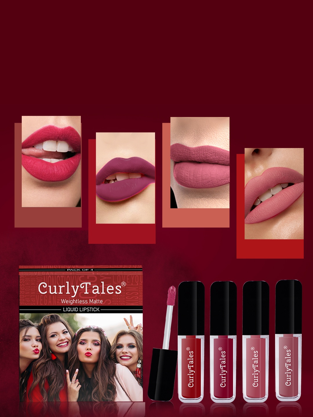 

CurlyTales Set of 4 Weightless Matte Liquid Lipsticks 3 ml Each - Shade 03, 07, 08, 09, Red