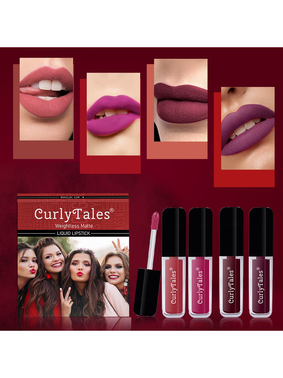 

CurlyTales Set of 4 Weightless Matte Liquid Lipsticks 3ml Each - Shade 06 + 12 + 13 + 15, Purple