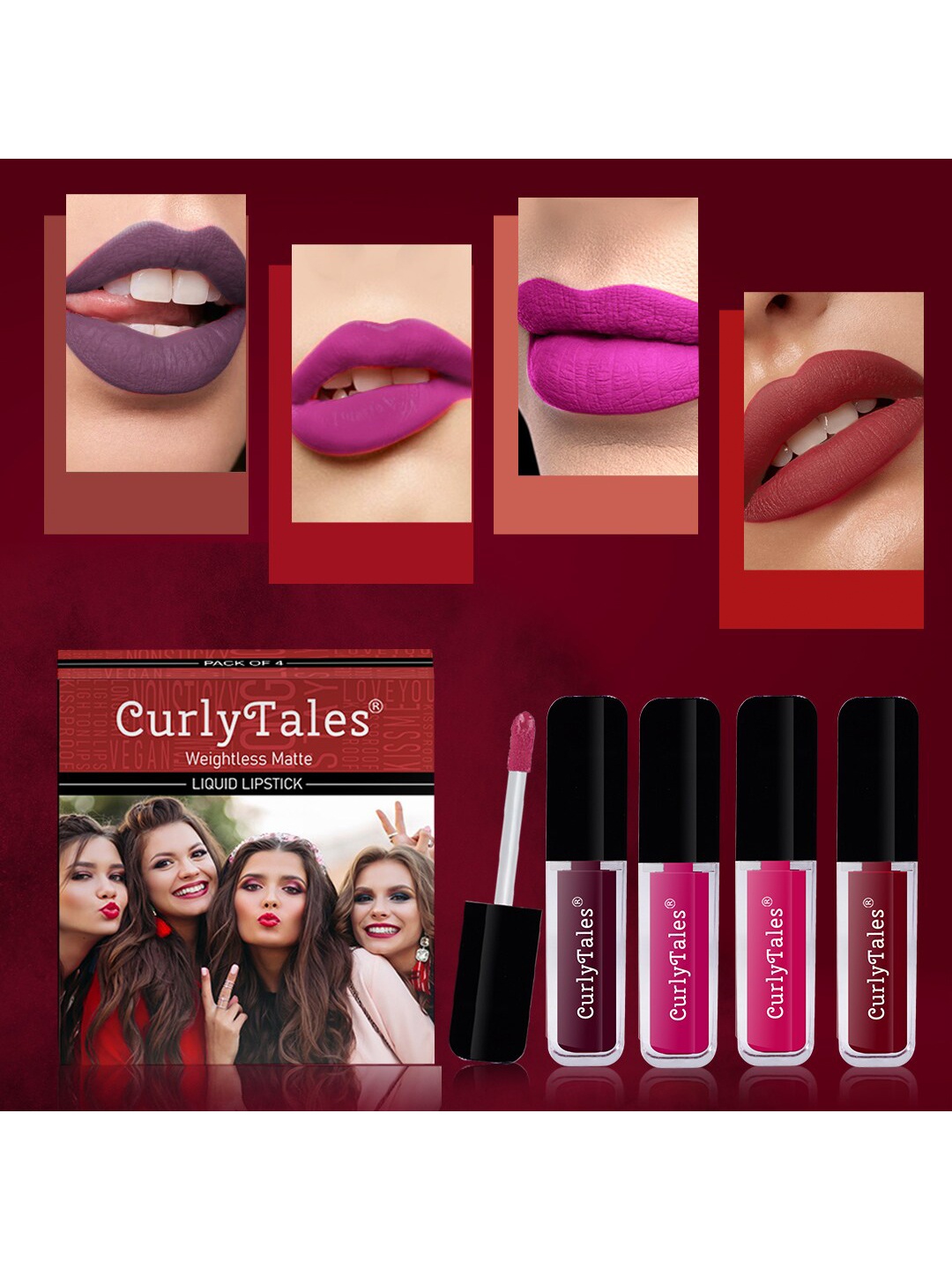 

CurlyTales Set of 4 Weightless Matte Liquid Lipsticks 3ml Each - Shade 15 + 04 + 05 + 14, Pink