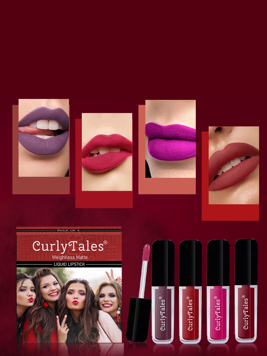 

CurlyTales Set of 4 Weightless Matte Liquid Lipsticks 3 ml Each - Shade 01, 03, 04, 14, Purple