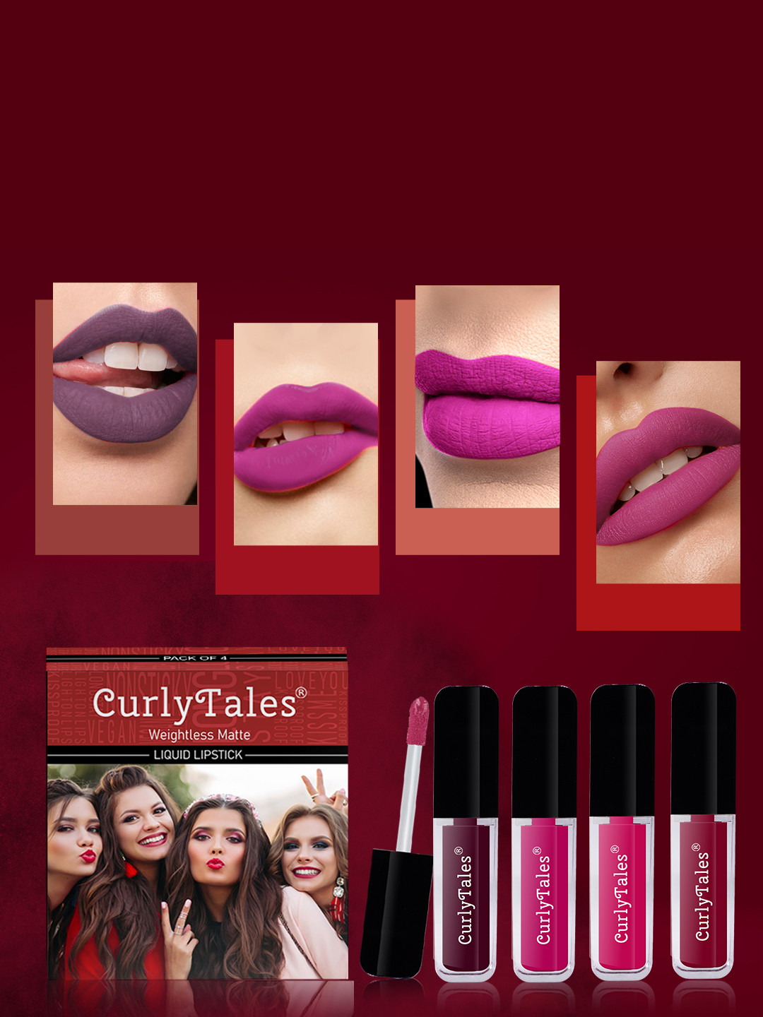 

CurlyTales Set of 4 Weightless Matte Liquid Lipsticks 3 ml Each - Shade 15, 04, 05, 07, Purple