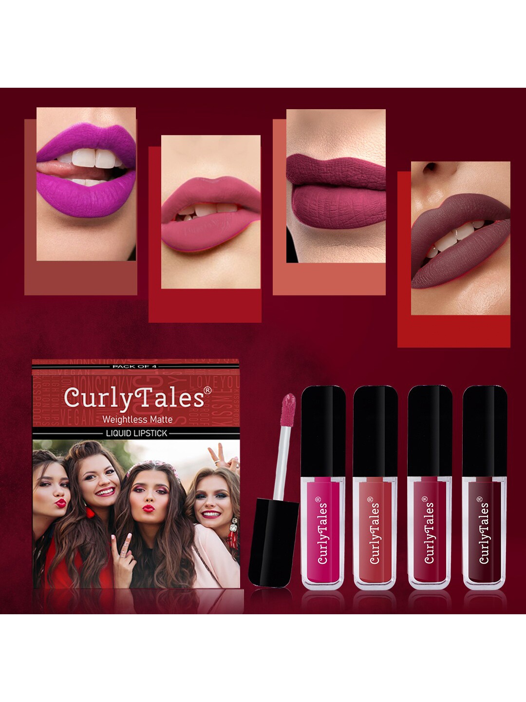 

CurlyTales Set of 4 Weightless Matte Liquid Lipsticks 3ml Each - Shade 04 + 06 + 07 + 13, Pink