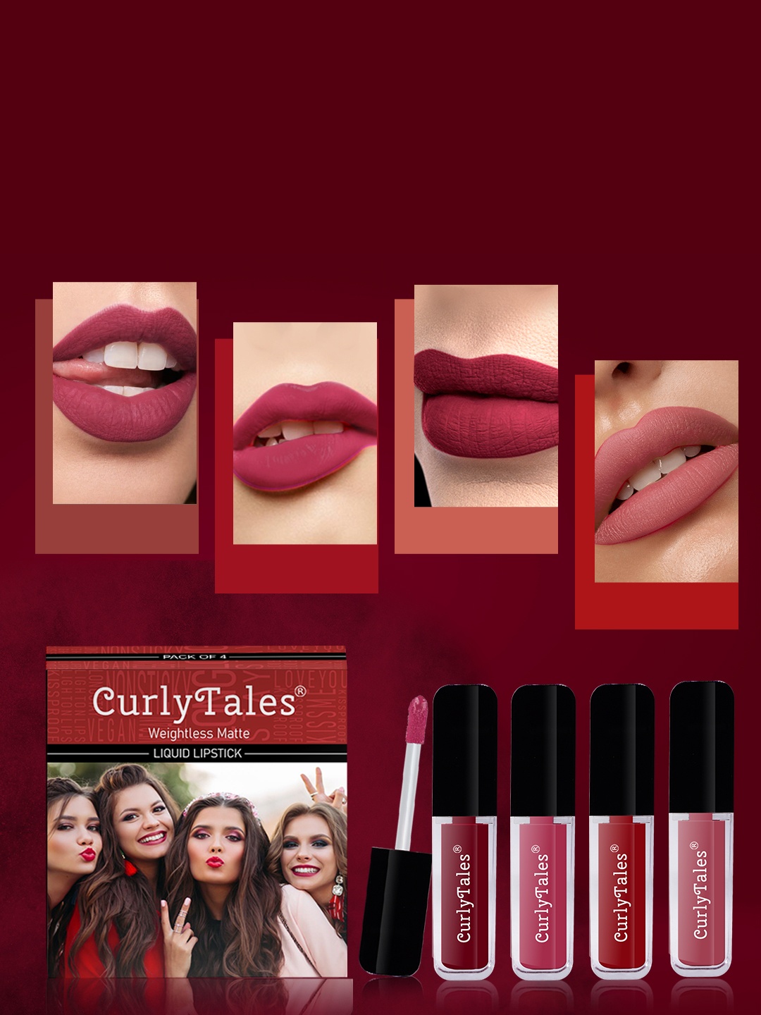 

CurlyTales Set of 4 Weightless Matte Liquid Lipsticks 3 ml Each - Shade 14, 02, 03, 08, Red