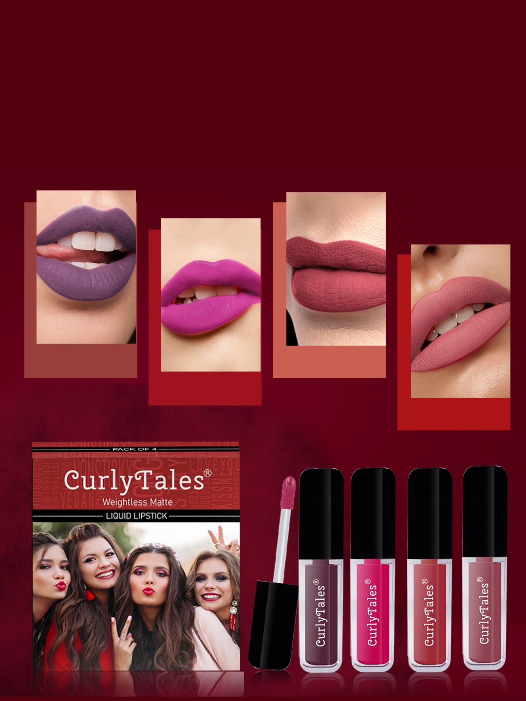

CurlyTales Set of 4 Weightless Matte Liquid Lipsticks 3 ml Each - Shade 01, 05, 06, 09, Purple