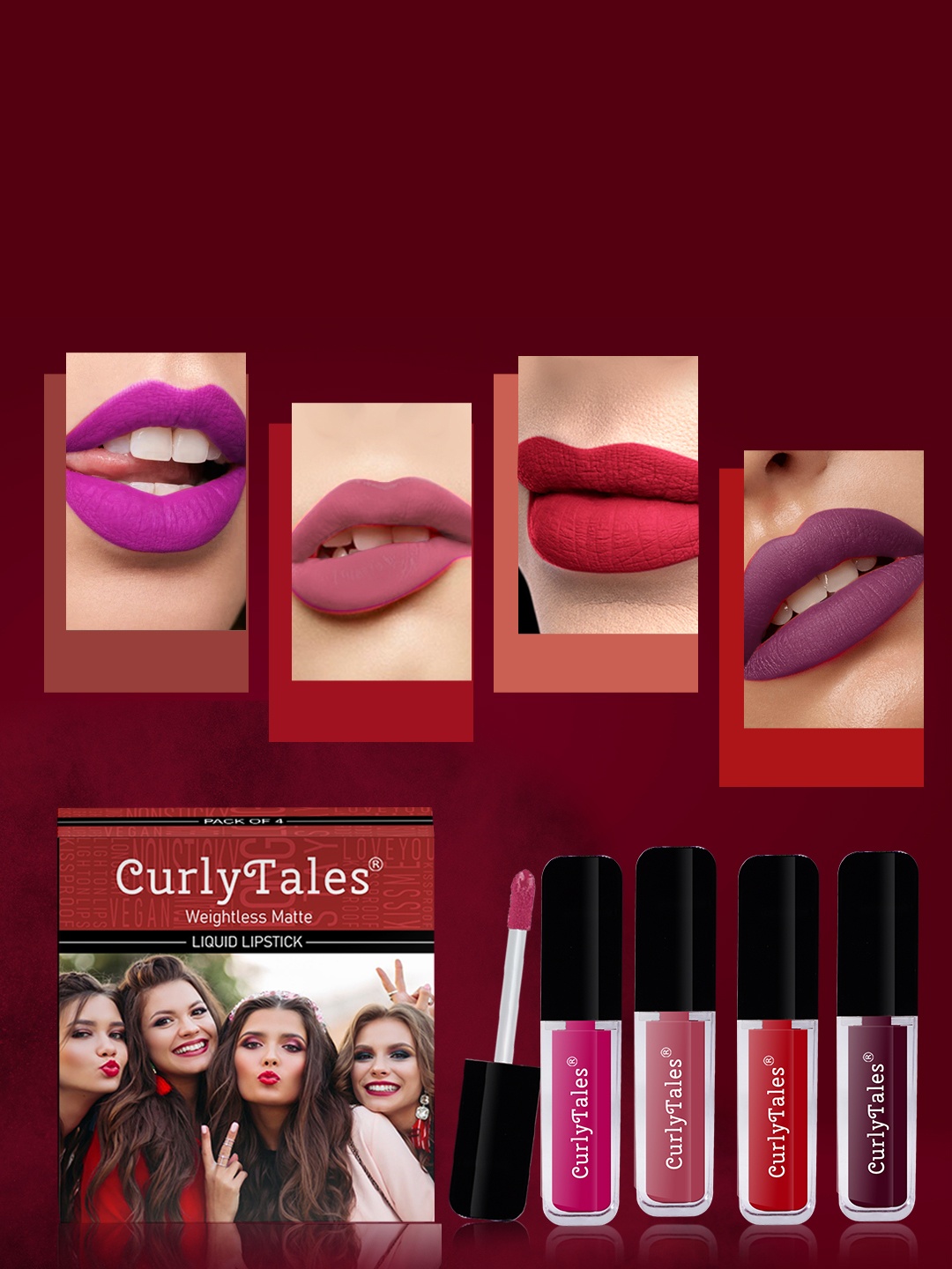 

CurlyTales Set of 4 Weightless Matte Liquid Lipsticks 3 ml Each - Shade 04, 10, 11, 15, Pink