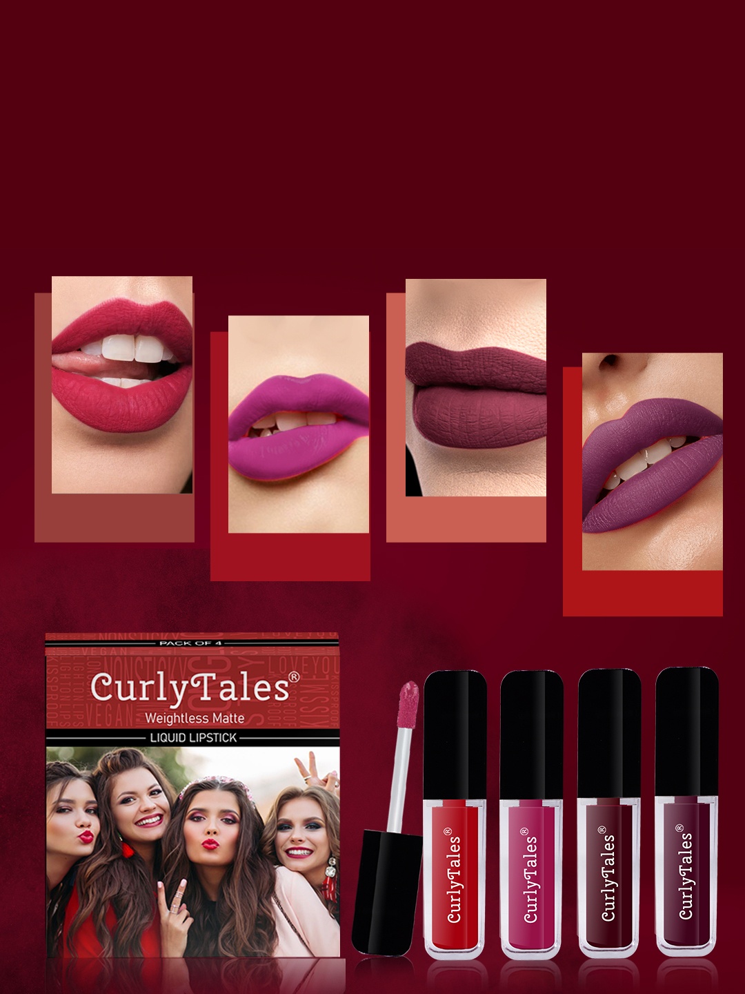 

CurlyTales Set of 4 Weightless Matte Liquid Lipsticks 3 ml Each - Shade 11, 12, 13, 15, Red