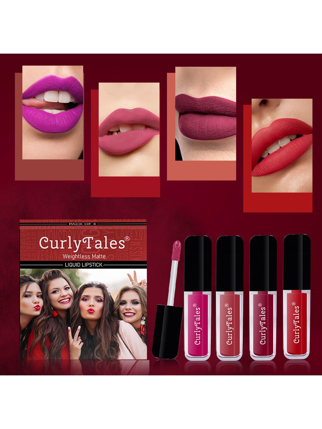 

CurlyTales Set of 4 Weightless Matte Long Lasting Liquid Lipsticks - 4 ml each, Multi