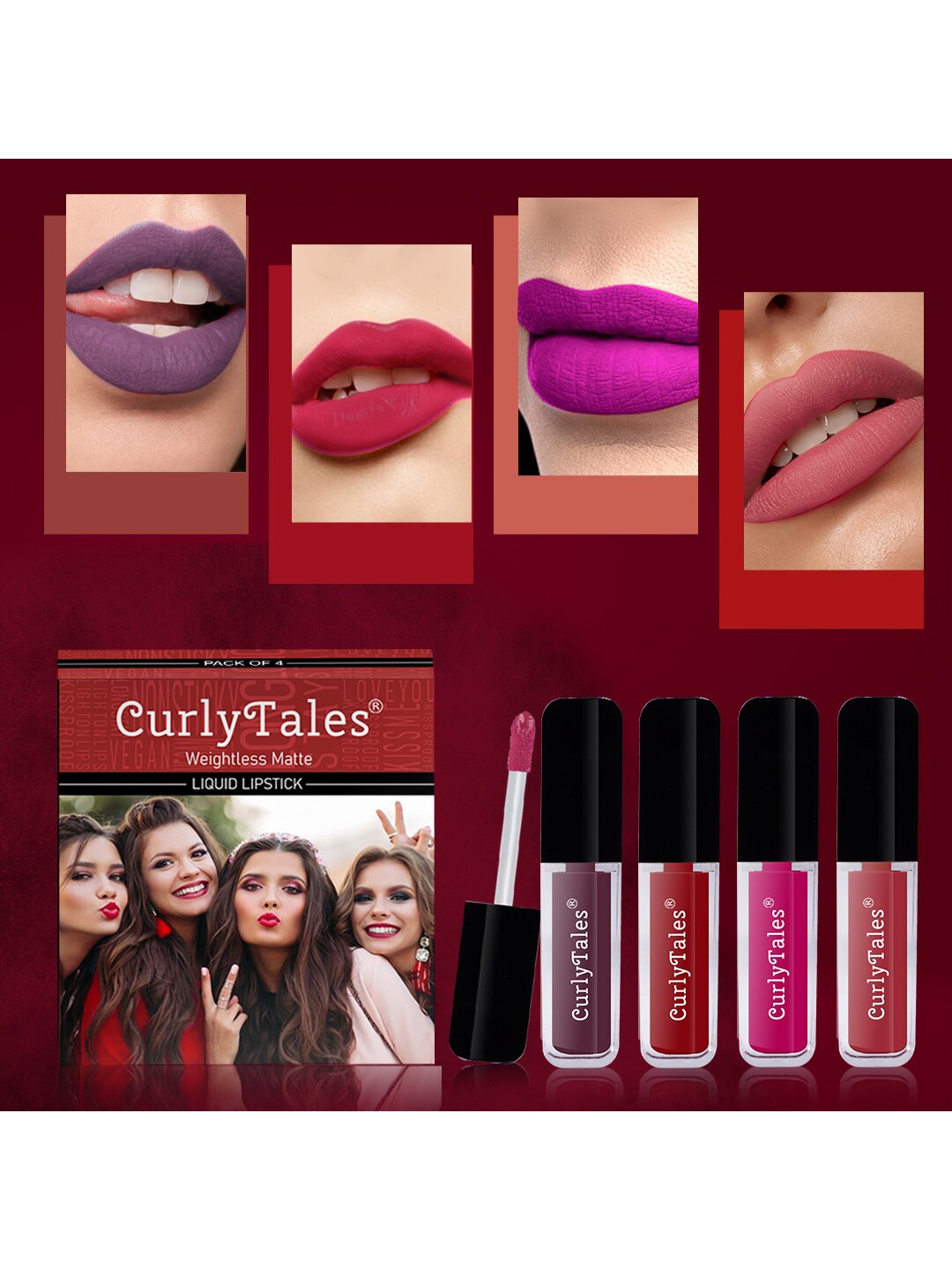 

CurlyTales Set of 4 Weightless Matte Liquid Lipsticks 3 ml Each - Shade 01, 03, 04, 06, Purple