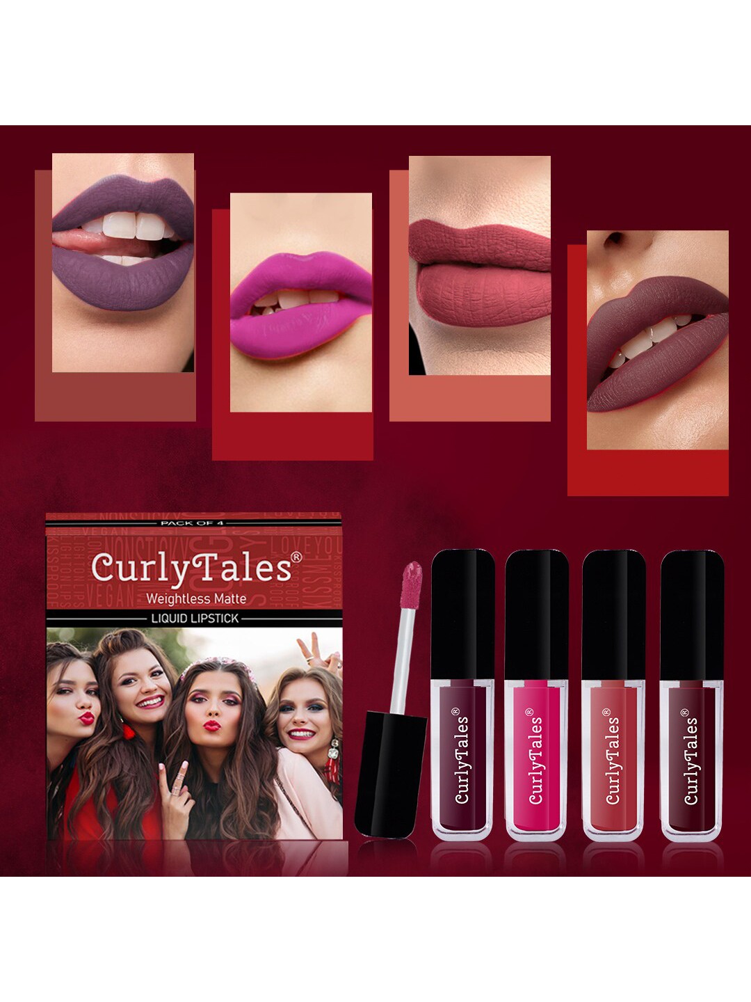 

CurlyTales Set of 4 Weightless Matte Liquid Lipsticks 3 ml Each - Shade 15, 05, 06, 13, Purple