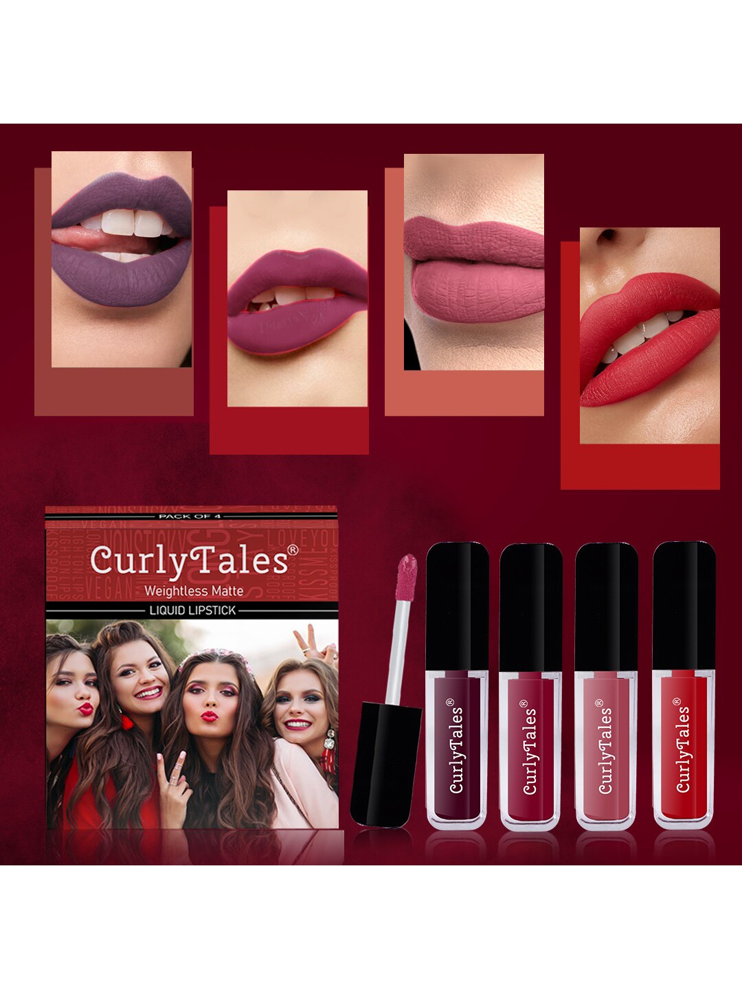 

CurlyTales Set of 4 Weightless Matte Liquid Lipsticks 3 ml Each - Shade 15, 07, 08, 11, Purple