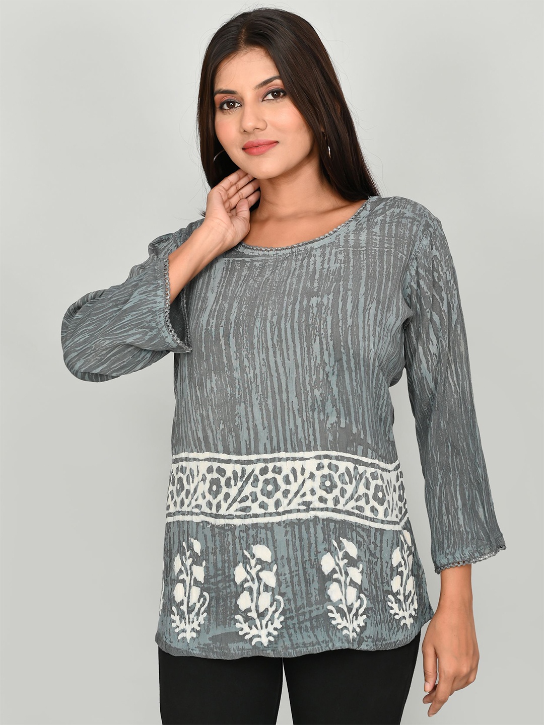 

Kesarya Floral Printed Longline Top, Grey