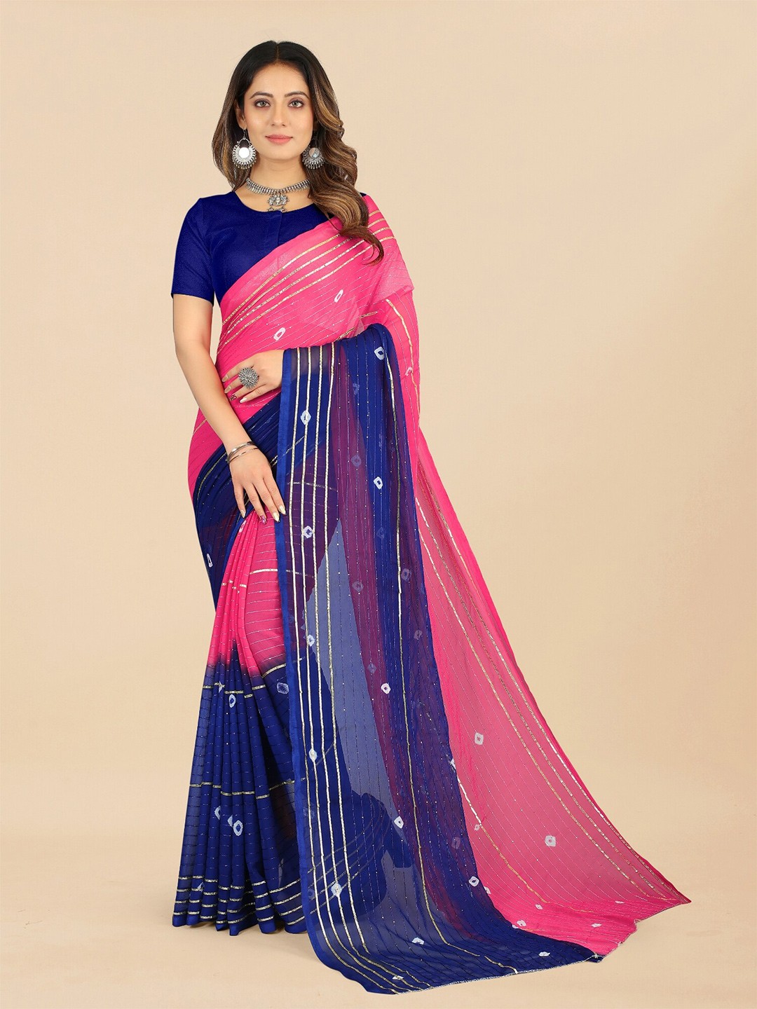 

APNISHA Bandhani Printed Sequinned Pure Chiffon Saree, Navy blue