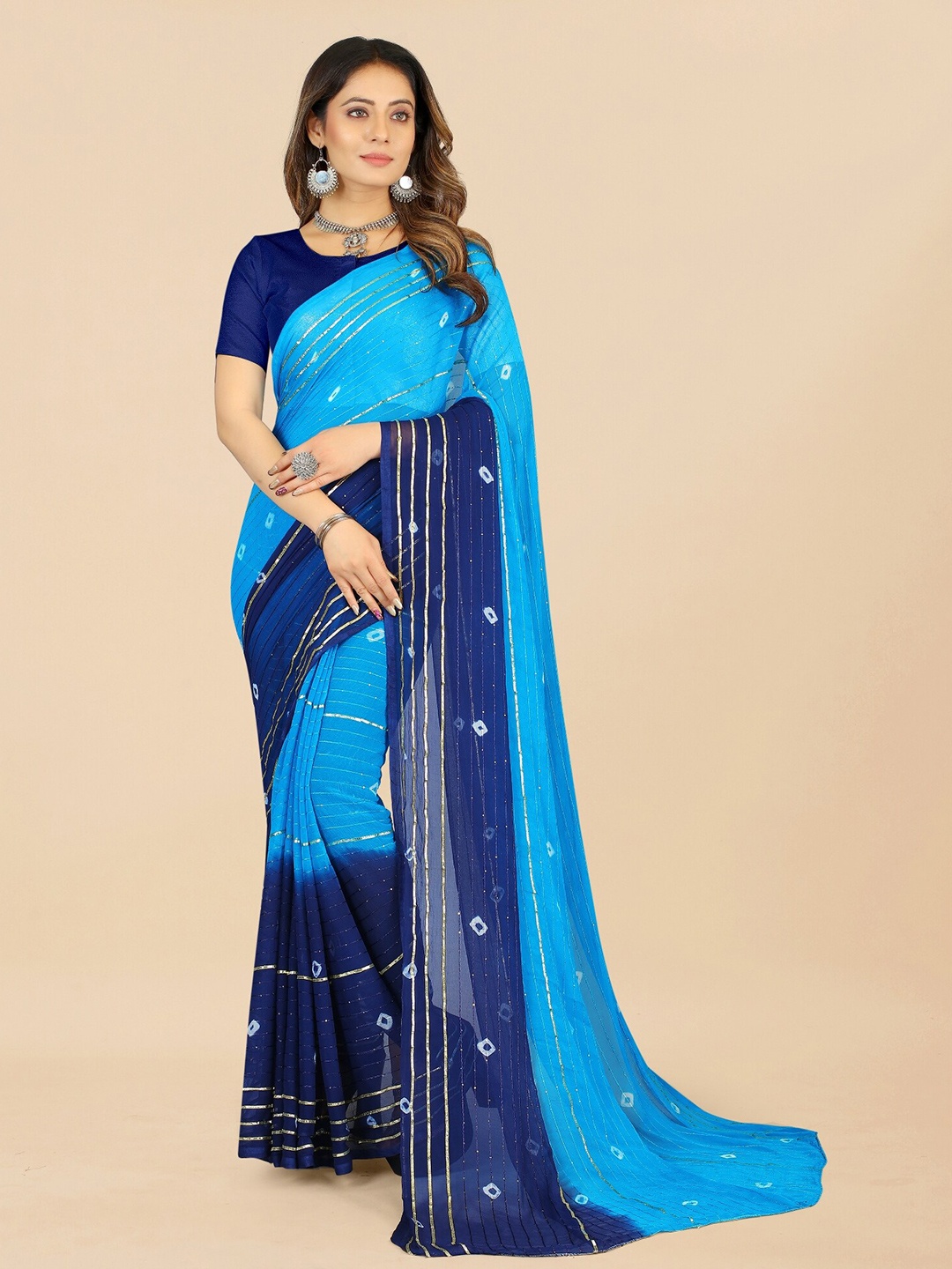 

APNISHA Bandhani Sequinned Pure Chiffon Saree, Turquoise blue
