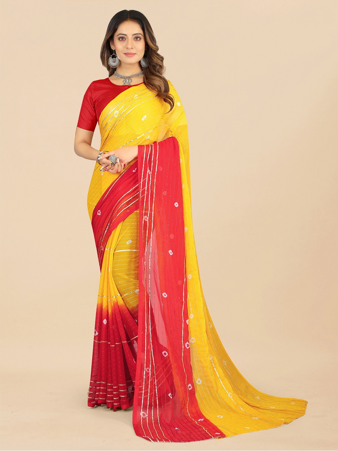 

APNISHA Bandhani Sequinned Pure Chiffon Saree, Yellow