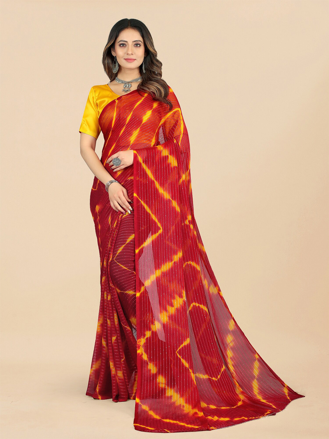 

APNISHA Tie & Dye Dyed Sequinned Pure Chiffon Saree, Red