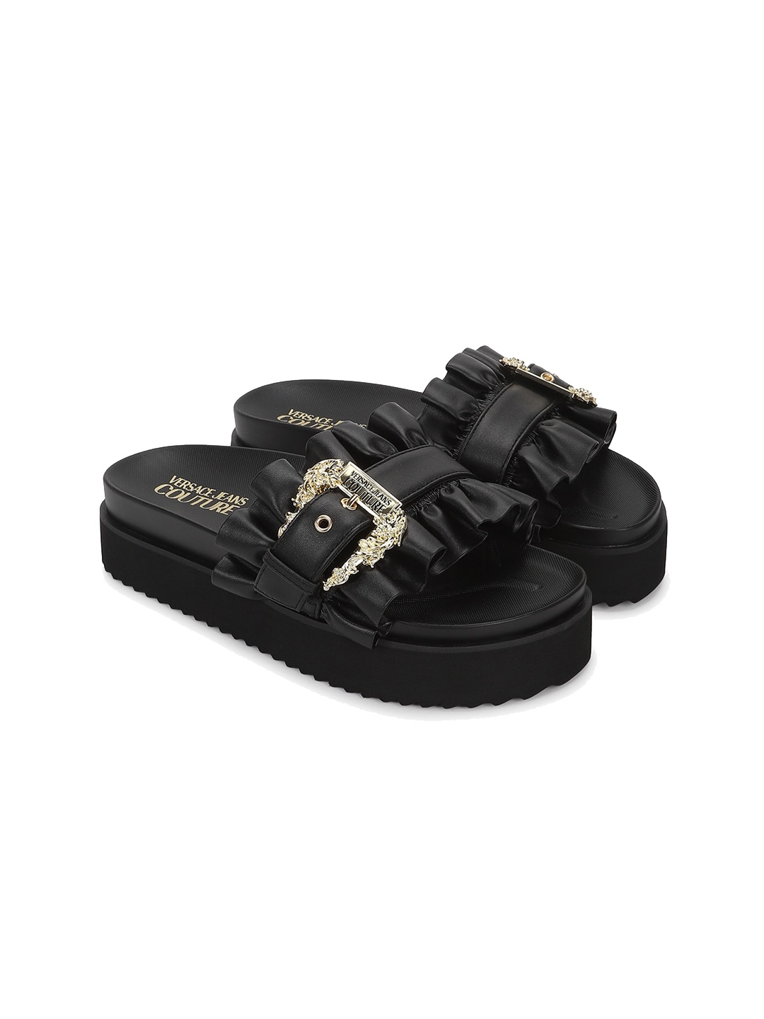 

Versace Jeans Couture Embellished Leather Flatform Sandals With Buckles, Black