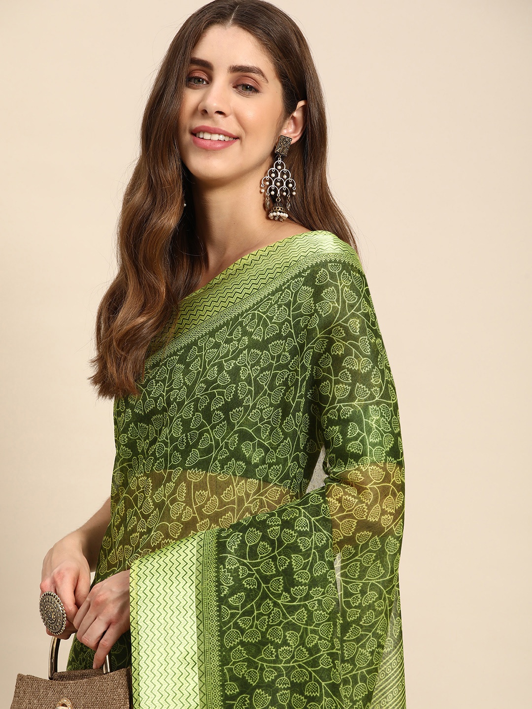 

Mitera Floral Printed Silk Cotton Saree, Olive