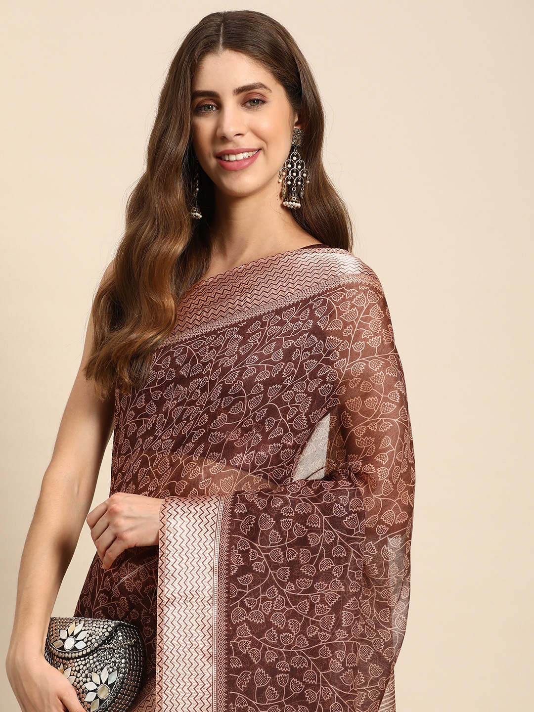 

Mitera Floral Printed Silk Cotton Saree, Brown