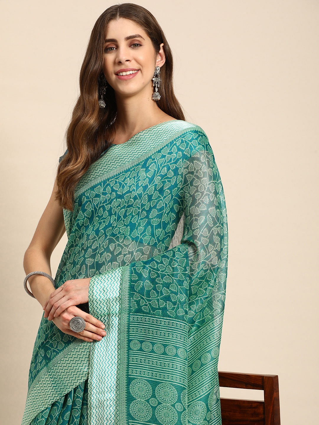 

Mitera Floral Printed Silk Cotton Saree, Teal