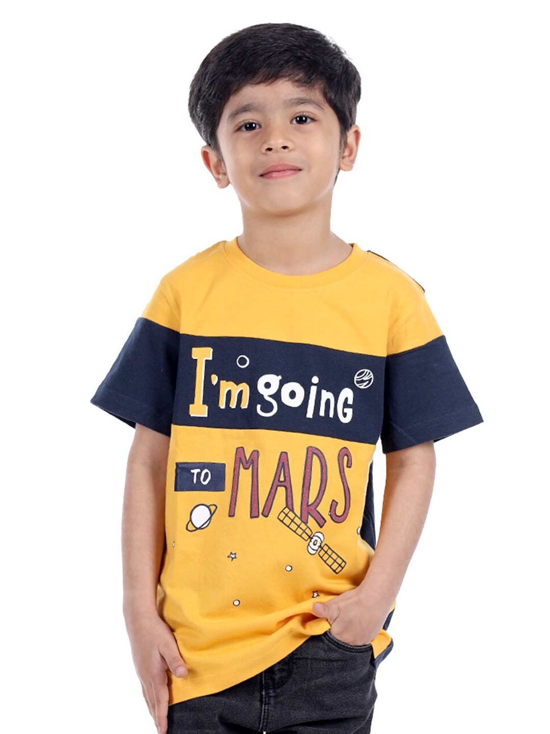 

3PIN Boys Colourblocked Typography Printed Short Sleeves Cotton T-shirt, Yellow