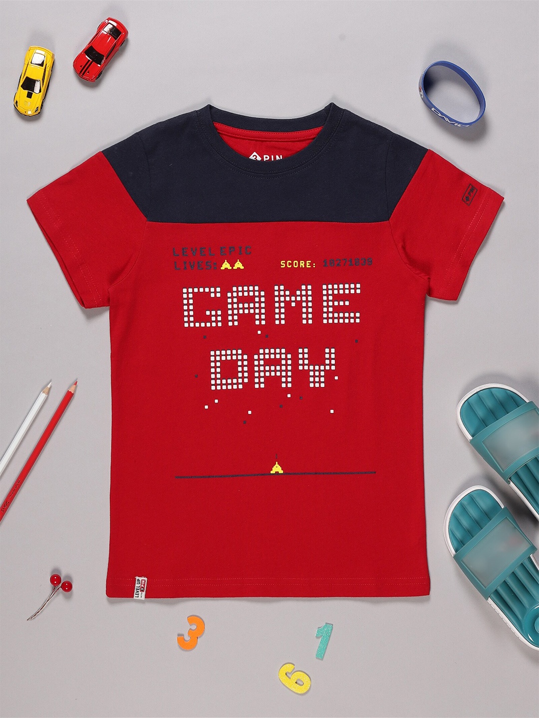 

3PIN Boys Typography Printed Round Neck Short Sleeves Cotton T-shirt, Red