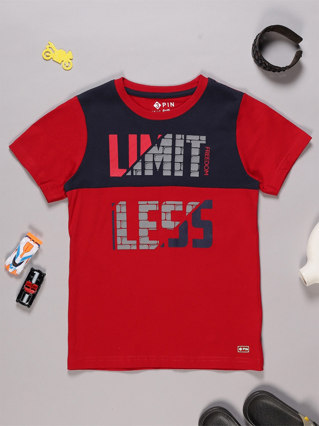 3PIN Boys Typography Printed Cotton T-shirt, Red