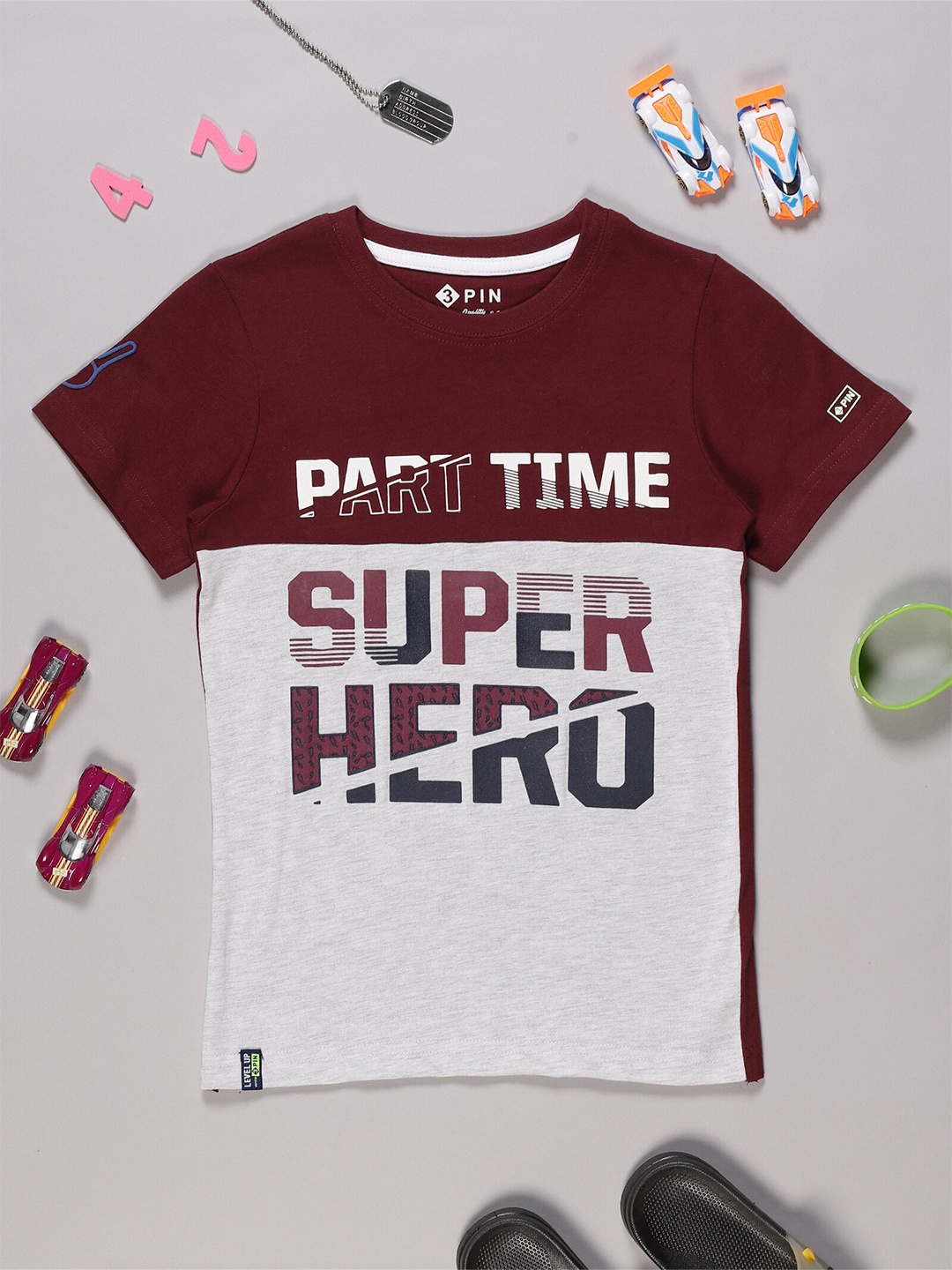 3PIN Boys Typography Printed Cotton T-shirt, Maroon
