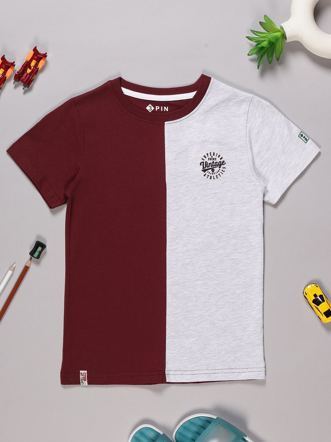 

3PIN Boys Colourblocked Round Neck Cotton T-shirt, Maroon