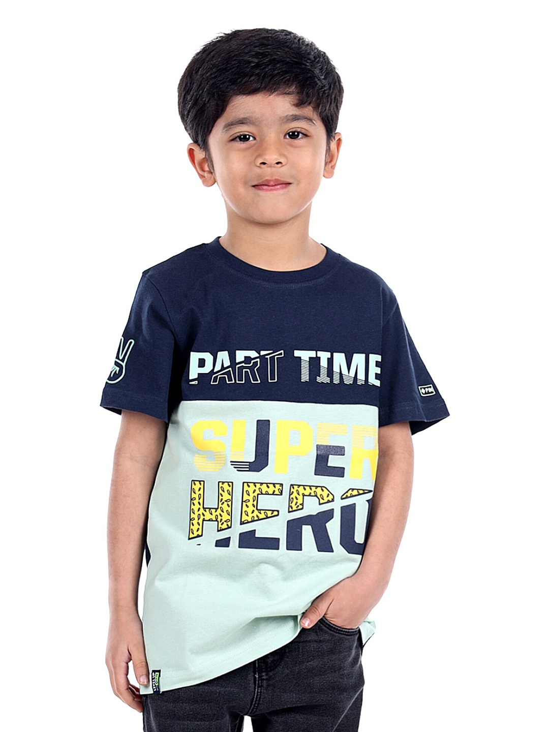 

3PIN Boys Typography Printed Round Neck Cotton T-shirt, Navy blue